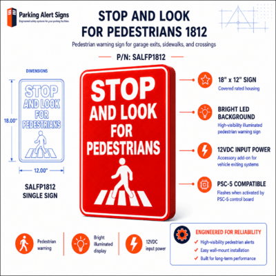 SALFP1812 illuminated 18-by-12-inch Stop and Look for Pedestrians add-on warning sign for parking garage and vehicle exit safety systems.