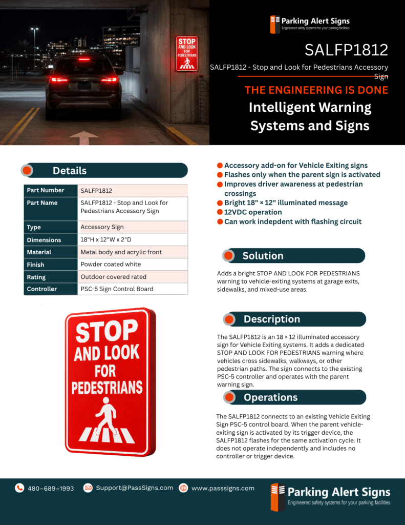Product image of SALFP1812 - Stop and Look for Pedestrians Accessory Sign, showing an illuminated pedestrian safety add-on sign for parking and vehicle exit warning systems.