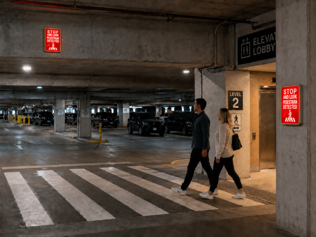 Product image of SLPD 1812 Pedestrian Detected warning sign for parking, a pedestrian warning and crosswalk safety solution for parking facilities.