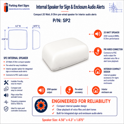SP2 20-watt internal speaker for integrated parking warning signs, controller enclosures, and voice alert systems.