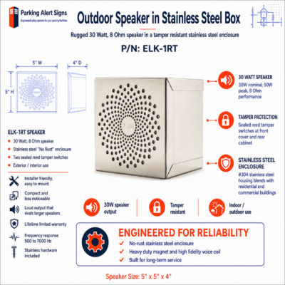 Product image of Speaker1, showing an audio speaker for Parking Alert Signs voice-alert warning systems.