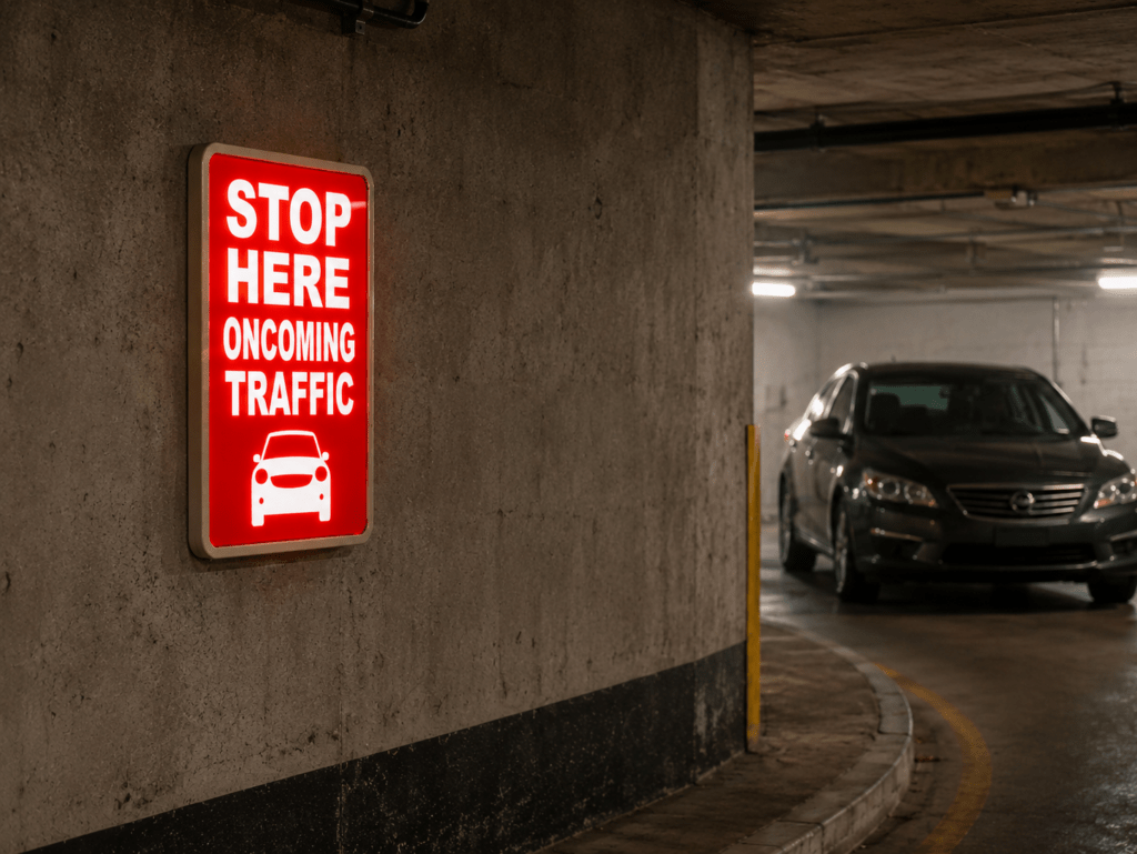 Product image of Stop Here Oncoming Traffic 1812, a vehicle warning solution for parking garages, drive lanes, and controlled entrances.