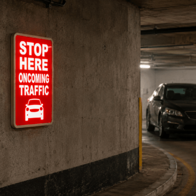 Product image of Stop Here Oncoming Traffic 1812, a vehicle warning solution for parking garages, drive lanes, and controlled entrances.