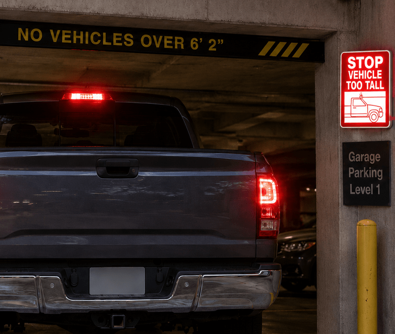 Product image of Stop Vehicle Too Tall - Overheight warning system for parking, a vehicle warning solution for parking garages, drive lanes, and controlled entrances.