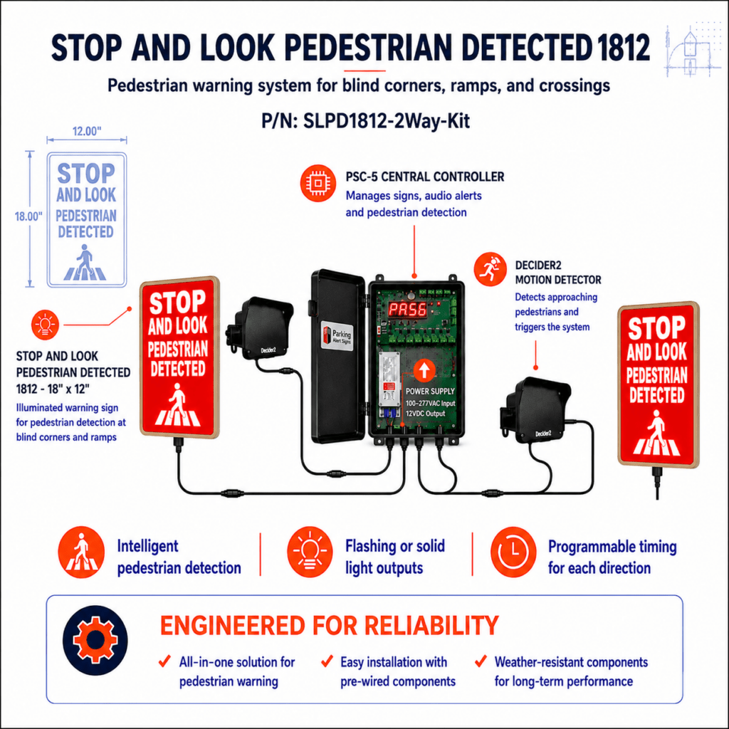 Product image of Stop and Look Pedestrian 1812 Dual Kit, showing an illuminated pedestrian safety add-on sign for parking and vehicle exit warning systems.
