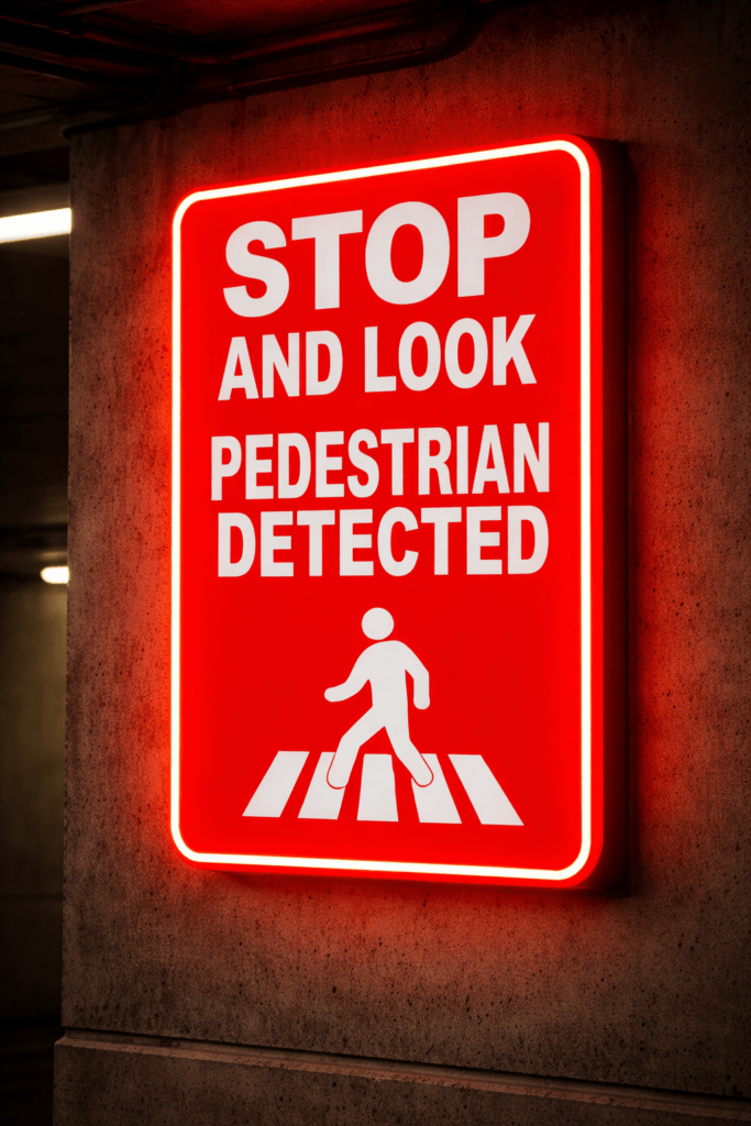Product image of Stop and Look Pedestrian Detected 1812, showing an illuminated pedestrian detection warning sign or kit for safer parking garage exits.