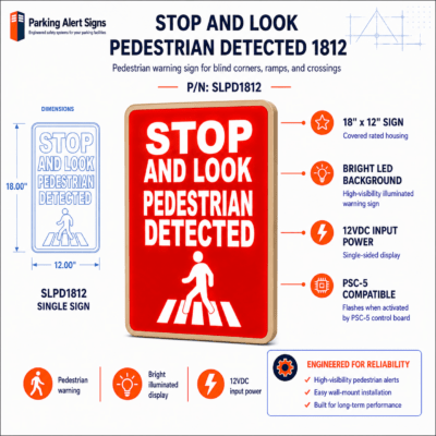 Product image of Stop and Look Pedestrian Detected 1812, showing an illuminated pedestrian detection warning sign or kit for safer parking garage exits.