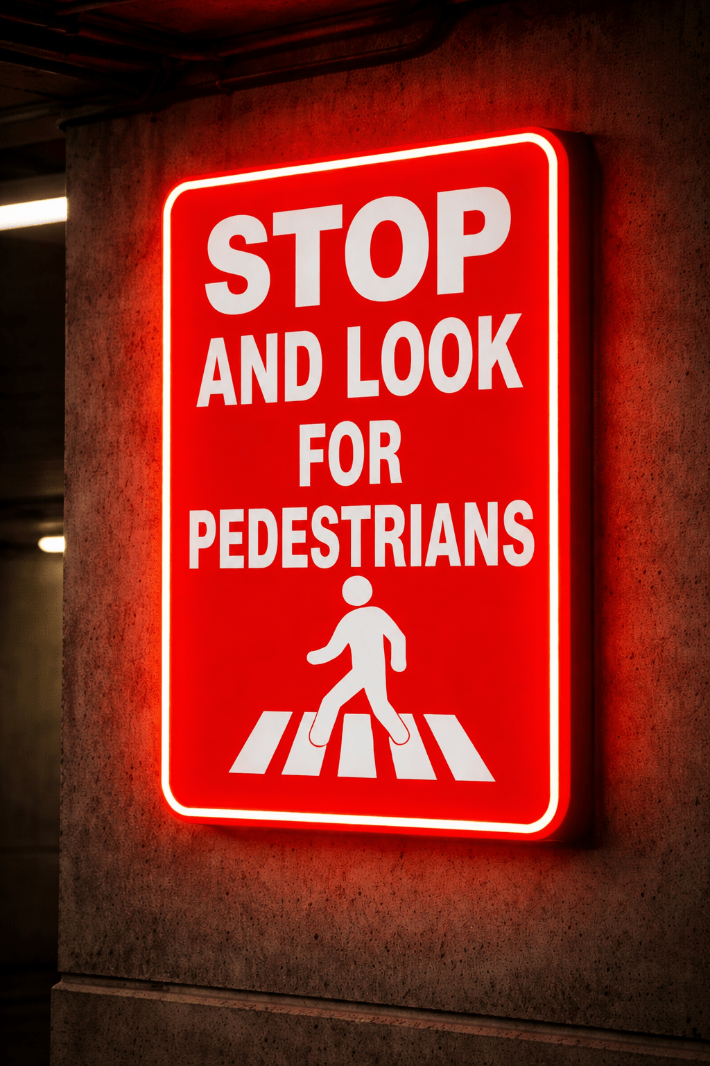 Product image of Stop and Look for Pedestrians 1812, showing an illuminated pedestrian safety add-on sign for parking and vehicle exit warning systems.