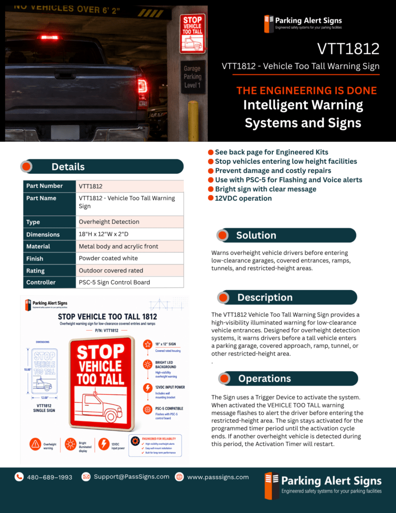 Product image of VTT1812 - Vehicle Too Tall Warning Sign, showing an illuminated overheight warning sign or detection kit for parking garage clearance safety.