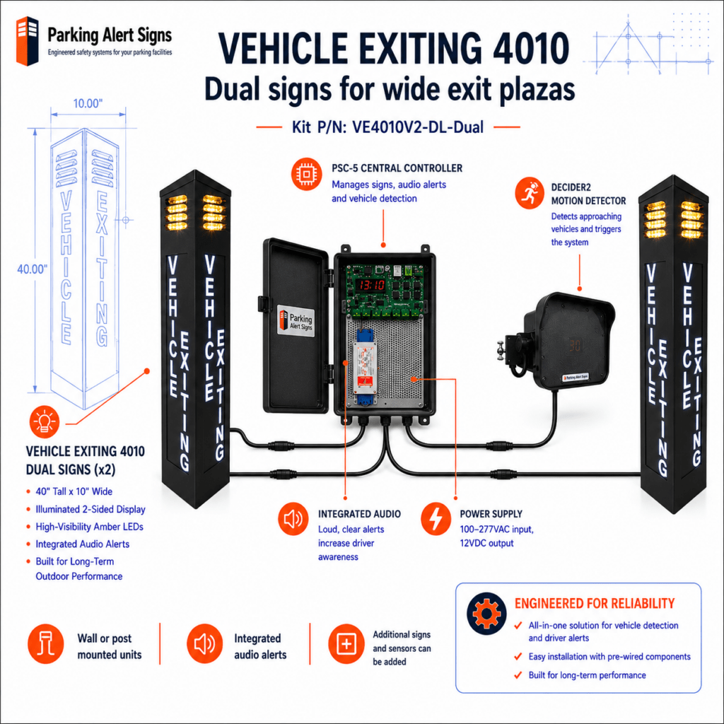 VEHICLE EXITING 4010 wide-exit kit with two illuminated signs, central controller and intelligent vehicle motion detection.
