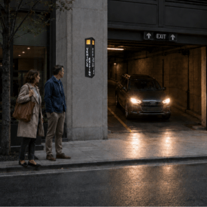 VEHICLE EXITING 4010 illuminated warning sign installed at a single-lane parking garage exit to alert pedestrians and nearby traffic.