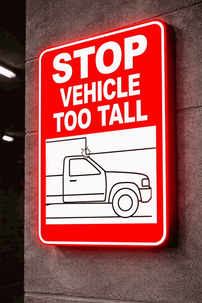 Product image of Vehicle Too Tall 1812, showing an illuminated overheight warning sign or detection kit for parking garage clearance safety.