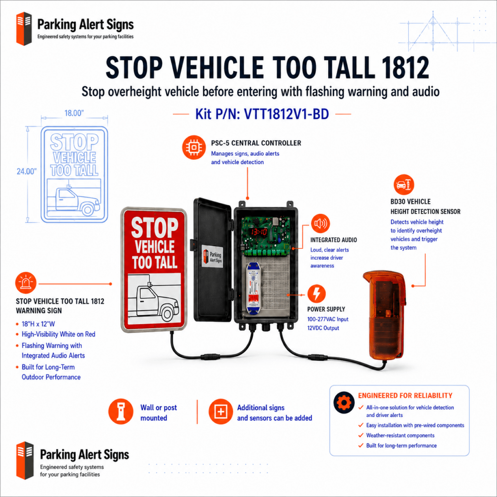 Product image of Vehicle Too Tall 1812 - Single Sign, showing an illuminated overheight warning sign or detection kit for parking garage clearance safety.
