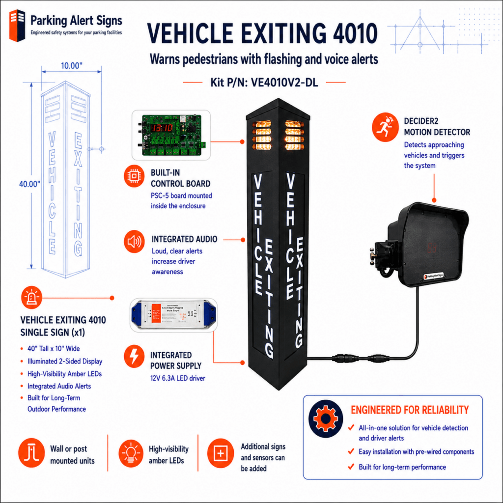 VEHICLE EXITING 4010 single-lane kit with illuminated warning sign, PSC-5 controller, power supply and Decider2 motion detector.