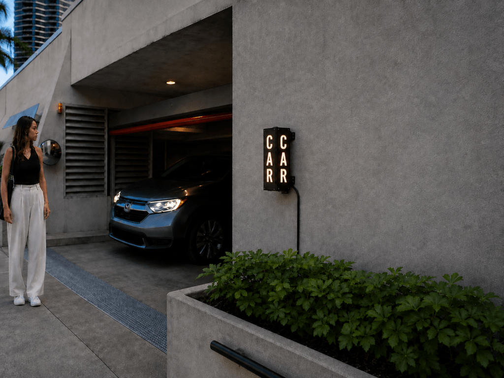 CAR1806 illuminated CAR warning sign alerting a pedestrian as a vehicle exits a parking garage.