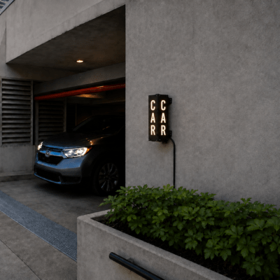 CAR1806 illuminated CAR warning sign alerting a pedestrian as a vehicle exits a parking garage.