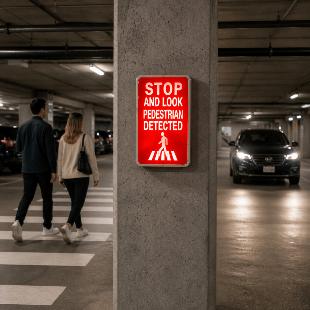 SPLD1812 illuminated STOP AND LOOK PEDESTRIAN DETECTED sign warning a driver as pedestrians cross in a parking garage.