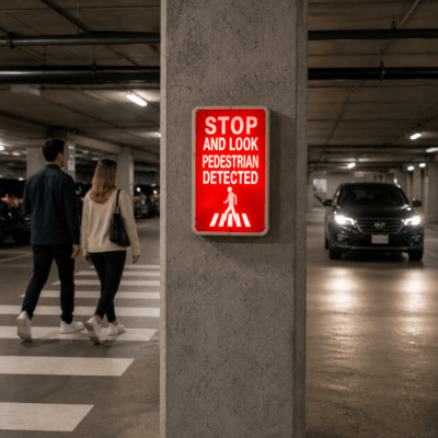SPLD1812 illuminated STOP AND LOOK PEDESTRIAN DETECTED sign warning a driver as pedestrians cross in a parking garage.