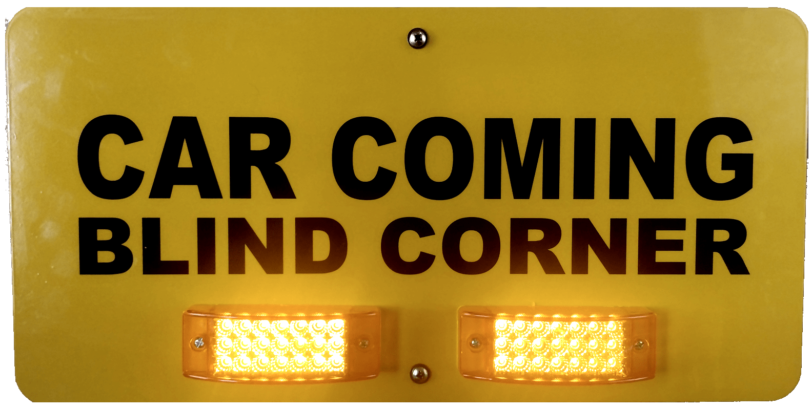 Wide rectangular Car Coming Blind Corner sign with two illuminated amber LED modules
