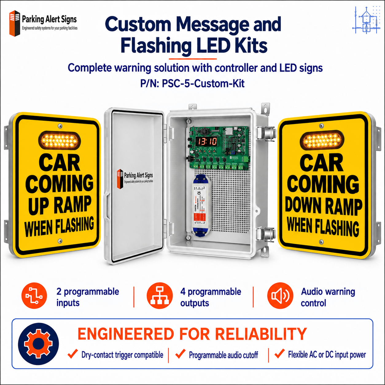 Custom parking signs with flashing LED modules and PSC-5 central controller