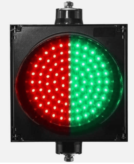 RG0606 single-lens red and green LED traffic light for compact 12VDC vehicle traffic control applications.