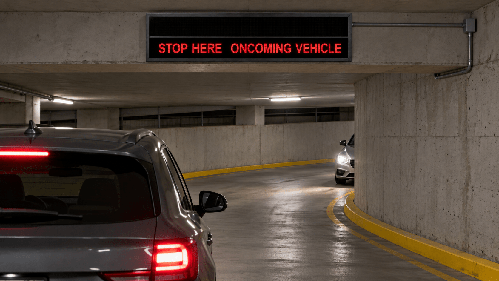 Stop Here Oncoming Vehicle dual message sign activated at a blind parking garage corner