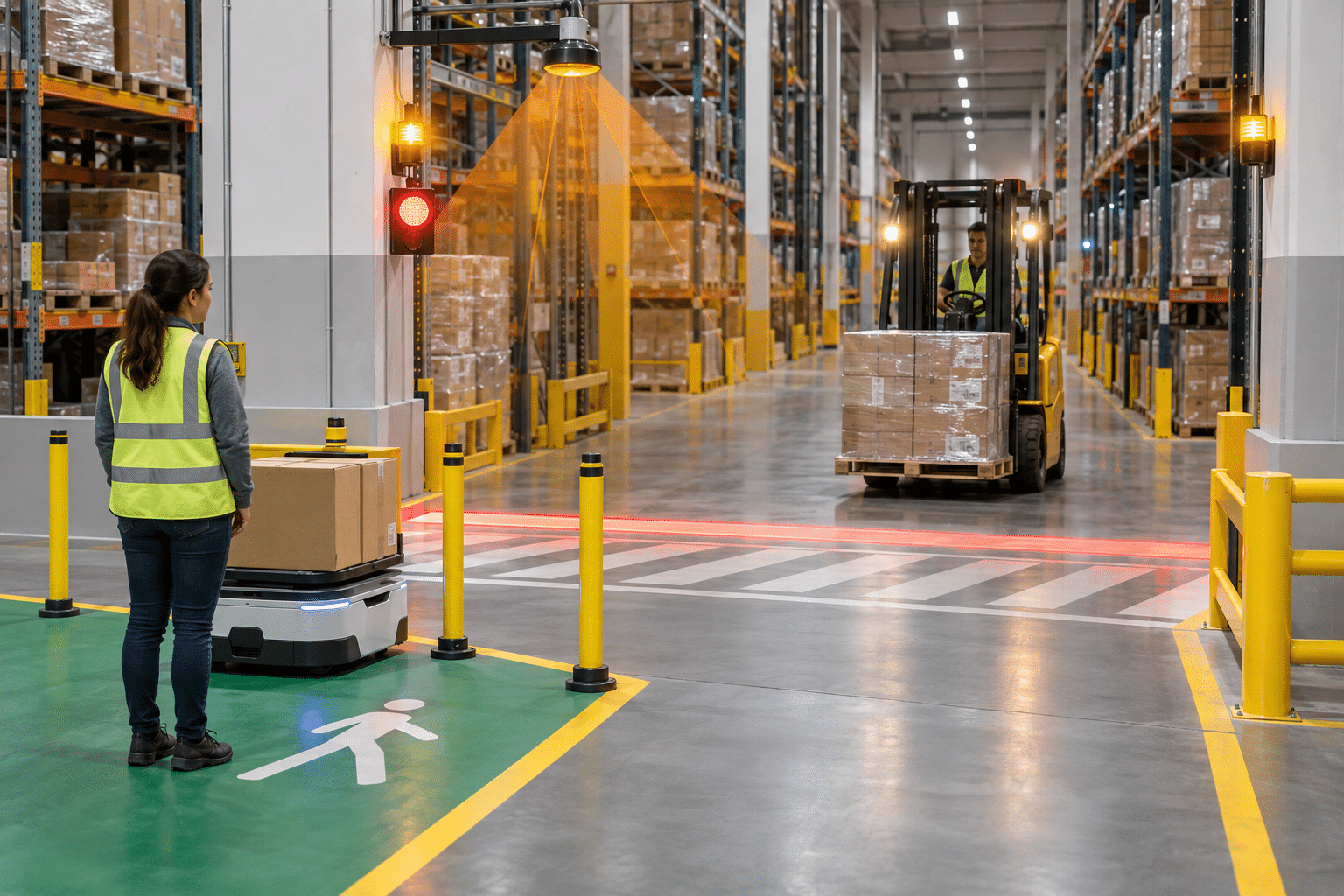 Intelligent forklift detection warning a pedestrian and autonomous robot at a marked fulfillment-center crossing
