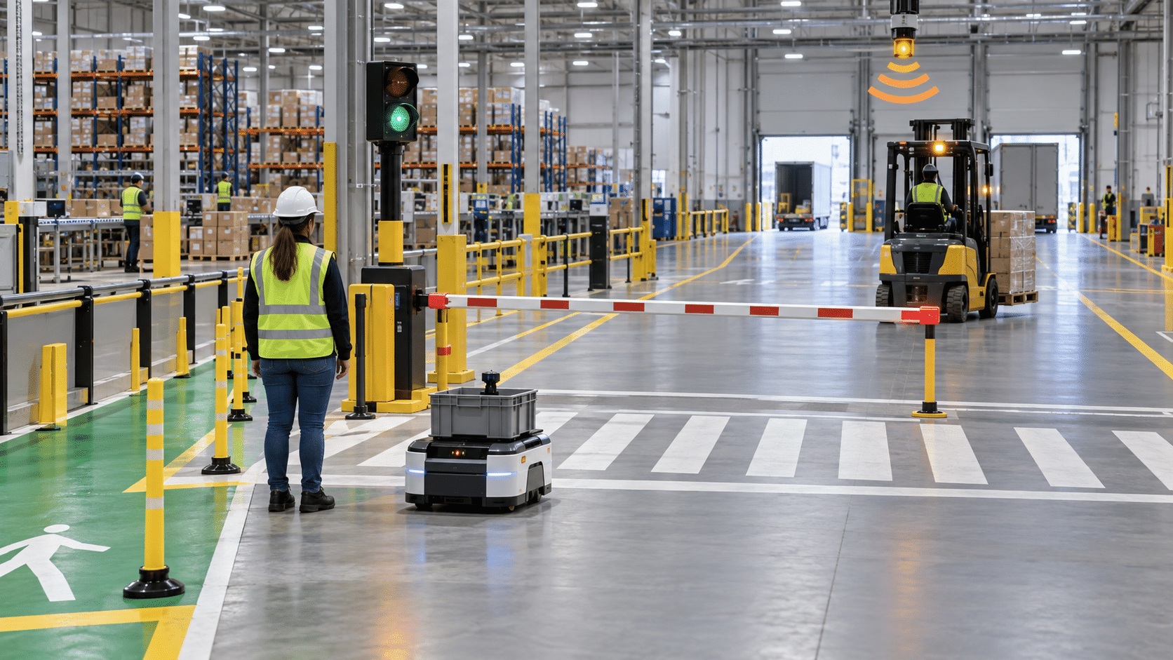 Fulfillment center traffic control with red-green signals, separated pedestrian walkway, robot crossing, barrier gate, and forklift detection