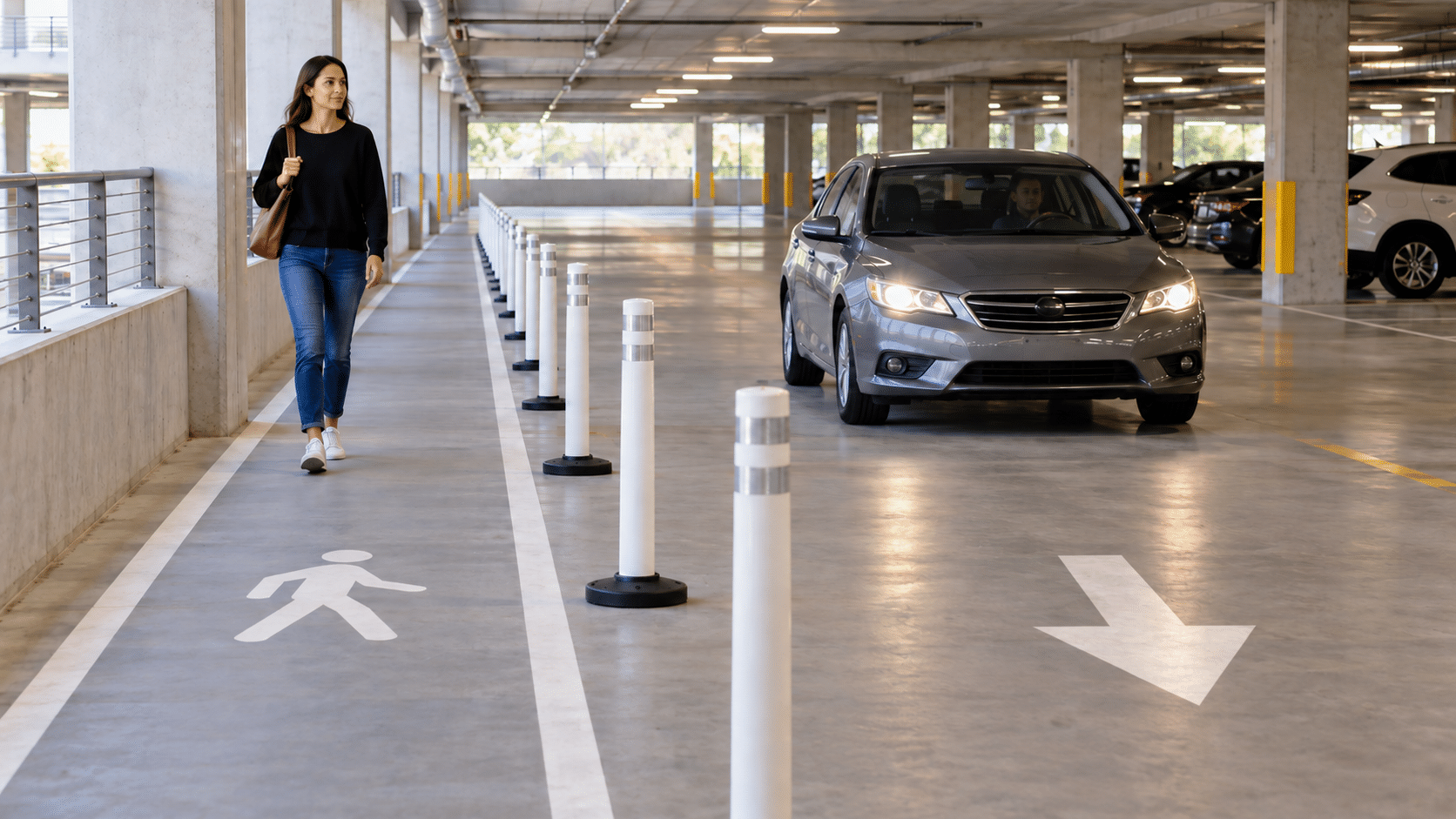 Pedestrian walkway separated from an approaching vehicle lane by flexible white delineator posts inside a parking garage