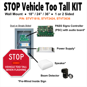 Vehicle too tall over height sign and detector